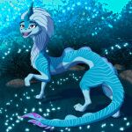  aquatic_dragon asian_mythology brush claws disney dragon east_asian_mythology eastern_dragon fangs female feral grass hi_res horn leaf leopon276 marine mythology open_mouth open_smile paws plant raised_paw raya_and_the_last_dragon rock sisu_(ratld) smile solo stripes_(marking) 