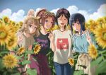  4girls :d :o beige_shirt beige_skirt black_hair black_shirt blonde_hair blue_eyes blue_hair blue_shirt blurry blurry_background blush bow brown_hair closed_eyes closed_mouth cloud dated denim earrings flower green_eyes hair_bow hibike!_euphonium jeans jewelry kasaki_nozomi liz_to_aoi_tori long_hair looking_at_viewer medium_hair multiple_girls nakagawa_natsuki necklace open_mouth outdoors pants plant ponytail red_eyes red_skirt shirt short_sleeves signature skirt sky smile standing sunflower sunglasses t-shirt tree_bowbow v white_shirt yellow_bow yoroizuka_mizore yoshikawa_yuuko 