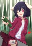  1girl alternate_costume animal_ears arm_behind_back arrow_(symbol) bamboo bamboo_forest black_hair blurry blurry_background bottle bunny_ears bunny_tail commentary_request contrapposto cowboy_shot day drink forest highres holding holding_bottle holding_drink inaba_tewi incoming_drink jacket leaning_to_the_side light_blush medicine_bottle multiple_views nature one_eye_closed open_mouth outdoors pants red_eyes shirt short_hair solo standing sugiyama_ichirou tail touhou track_jacket track_pants translation_request white_shirt 