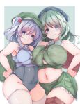  2girls absurdres backpack bag bare_arms blue_eyes blue_hair blue_headwear blue_skirt blue_swimsuit boots breasts brown_footwear camouflage covered_navel crop_top green_background green_hair green_headwear green_skirt hair_bobbles hair_ornament hat highres huge_breasts kawashiro_nitori key long_hair looking_at_viewer medium_breasts midriff miniskirt multiple_girls navel one-piece_swimsuit skirt sleeping_ear smile swimsuit thick_thighs thighhighs thighs touhou two_side_up white_legwear yamashiro_takane 