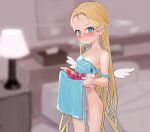  1girl angel_wings apron bed blue_archive blue_eyes blurry blush breasts collarbone commentary_request forehead id_card long_hair madana962 naked_apron small_breasts solo sora_(blue_archive) sweat wings 