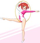  1girl athletic_leotard black_eyes brown_hair gymnastics half-soles hoop leotard looking_to_the_side momomiya_ichigo rhythmic_gymnastics short_hair smile solo standing standing_on_one_leg tokyo_mew_mew twintails two-tone_leotard white_leotard yuuma_(skirthike) 