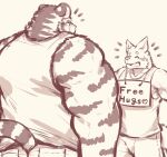  anthro blush canid canine canis cheerful clothed clothing domestic_dog duo felid free_hugs male male/male mammal meme muscular muscular_anthro muscular_male nullraihigi pantherine shirt sign size_difference tank_top tiger topwear 