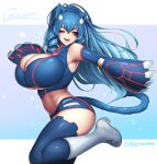  1girl animal_ear_fluff animal_ears black_sclera blush boots breasts cat_ears cleavage cleavage_cutout clothing_cutout colored_sclera commission detached_sleeves floating_hair gen_3_pokemon gloves highres huge_breasts jumping kyogre legendary_pokemon long_hair looking_to_the_side midriff navel one_eye_closed open_mouth personification pokemon skeb_commission solo thigh_boots thighhighs xyv_1 yellow_eyes 