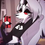  2020 anthro canid canid_demon canine demon female fur hellhound helluva_boss loona_(vivzmind) mammal midriff official_art pentagram phone red_sclera solo vivzmind white_body white_fur 