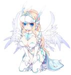 1girl armor bikini_armor blonde_hair blue_eyes blush cape elbow_gloves feathered_wings full_body gloves highres long_hair looking_at_viewer ls-lrtha navel open_mouth original pointy_ears simple_background solo thighhighs white_background white_gloves white_legwear white_wings wings 