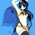  1girl alternate_hair_length alternate_hairstyle animal_ears armpits arms_up bangs bare_shoulders black_legwear black_panties blazblue blue_background blue_eyes blue_hair blue_tail breasts cosplay cowboy_shot cropped_vest dh_(brink_of_memories) groin highleg highleg_panties highres long_hair looking_at_viewer makoto_nanaya makoto_nanaya_(cosplay) microskirt midriff navel open_mouth orange_skirt orange_vest panties persona persona_4 persona_x_detective revealing_clothes shadow shirogane_naoto signature simple_background skirt soejima_shigenori_(style) solo squirrel_ears squirrel_girl squirrel_tail standing stretch tail thighhighs thighs toned underboob underwear vest 