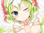  1girl blush breasts censored cum facial feathered_wings green_eyes green_hair highres looking_at_viewer ls-lrtha mosaic_censoring one_eye_closed original penis pointy_ears pov short_hair solo_focus wings 