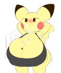 anthro between_breasts big_breasts bodily_fluids breasts cleavage clothed clothing cum cum_between_breasts female genital_fluids hi_res huge_breasts hyper hyper_breasts k-10 larger_female nintendo pikachu pok&eacute;mon pok&eacute;mon_(species) simple_background size_difference video_games white_background yellow_body 
