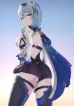  1girl ass back backless_outfit blue_hair boots breasts cape eula_(genshin_impact) from_behind genshin_impact gloves hair_ornament half-closed_eyes highres long_sleeves looking_at_viewer matsushimayuusa medium_breasts parted_lips short_shorts shorts solo standing thigh_boots thighhighs thighs 