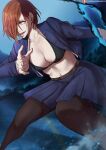  1girl artist_name black_bra blouse blue_fire bra breasts brown_hair buttons cleavage dress fire hair_over_one_eye highres jacket jujutsu_kaisen kugisaki_nobara medium_breasts midriff navel open_blouse open_clothes open_mouth pantyhose patreon_username pleated_skirt red_eyes road shexyo skirt sky solo underwear 