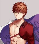  1boy abs asrkgk_(asura) commentary emiya_shirou fate/grand_order fate_(series) frown igote magic_circuit orange_hair sengo_muramasa_(fate) short_hair single_bare_shoulder solo yellow_eyes 