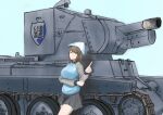  1girl absurdres against_vehicle aqua_background bangs blue_headwear blue_jacket blue_skirt breast_hold breasts brown_eyes brown_hair bt-42 closed_mouth commentary_request emblem eyebrows_visible_through_hair finnish_commentary girls_und_panzer ground_vehicle hand_on_own_elbow hat highres index_finger_raised jacket keizoku_(emblem) keizoku_military_uniform leaning_back long_hair long_sleeves looking_at_viewer mika_(girls_und_panzer) military military_uniform military_vehicle miniskirt motor_vehicle partial_commentary pleated_skirt raglan_sleeves shibainutank skirt smile solo standing tank track_jacket tulip_hat uniform 