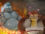  &lt;3 2021 anthro ape belly blue_eyes cute_fangs duo eating fire food godzilla godzilla_(series) godzilla_vs._kong haplorhine hi_res humanoid_hands kaiju kemono king_kong male mammal megaprimatus_kong overweight overweight_male primate qqmelon888 toho 