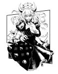  1girl black_dress bowsette bracelet breasts cleavage collar covered_navel dress earrings fancyrook fingernails greyscale highres jewelry large_breasts long_hair mario_(series) monochrome new_super_mario_bros._u_deluxe pointy_ears puffy_short_sleeves puffy_sleeves sharp_fingernails sharp_teeth short_sleeves solo spiked_bracelet spiked_collar spiked_shell spiked_tail spikes super_crown tail teeth turtle_shell upper_body 