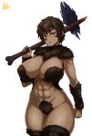  1girl abs absurdres body_fur breasts brown_hair bruise closed_mouth colored_skin fang fang_out fur_collar highres holding holding_weapon injury jmg king_kong king_kong_(character) large_breasts looking_at_viewer monster_girl navel scar short_hair simple_background solo thighs weapon white_background yellow_eyes 