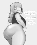  anthro big_butt bottomwear breasts butt clothed clothing conditional_dnp curvy_figure dialogue eyeless female flustered hair hi_res humanoid long_hair monster_girl_(genre) noseless panty_lines solo speech_bubble thick_thighs tight_clothing topwear unknown_species voluptuous xopachi 
