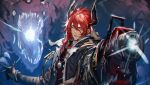  1boy arknights claws coat grin hair_between_eyes holding holding_weapon horns long_hair looking_at_viewer male_focus one_eye_closed red_eyes red_hair ryuuzaki_ichi sesa_(arknights) smile solo weapon 