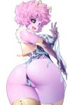  1girl ashido_mina ass black_sclera blush boku_no_hero_academia breasts colored_sclera colored_skin from_behind gloves hot_vr large_breasts leotard looking_at_viewer looking_back open_mouth pink_hair pink_skin shiny shiny_hair shiny_skin short_hair simple_background smile solo standing thighhighs white_background yellow_eyes 