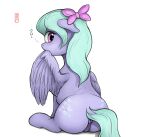  ? absurd_res accessory anus arthropod blue_body blue_fur blue_hair blue_tail butt celsian cutie_mark dragonfly ears_down equid equine female feral flitter_(mlp) friendship_is_magic fur genitals hair hair_accessory hair_bow hair_ribbon hi_res horse insect long_hair looking_at_viewer looking_back mammal my_little_pony pegasus pivoted_ears pony purple_eyes pussy rear_view ribbons simple_background sitting solo white_background wings 