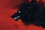  2021 black_body black_fur canid canine digital_media_(artwork) fur headshot_portrait mammal portrait red_background simple_background smile teeth volinfer 