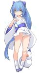  1girl blue_hair full_body green_eyes hisame_(shinrabanshou) japanese_clothes karukan_(monjya) kimono legs long_hair looking_at_viewer panties shinrabanshou snowman socks solo standing tabi underwear white_kimono white_panties wide_sleeves 