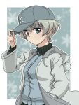  1girl adjusting_clothes adjusting_headwear bangs baseball_cap blue_background blue_eyes blue_headwear blue_jacket border closed_mouth coat commentary_request drawstring frown girls_und_panzer grey_hair hand_in_pocket hat hood hood_down hooded_coat jacket keizoku_military_uniform long_sleeves looking_at_viewer military military_uniform open_clothes open_coat outline outside_border partial_commentary raglan_sleeves short_hair snowflake_background solo spoilers standing takahashi_kurage track_jacket uniform upper_body white_border white_coat white_outline youko_(girls_und_panzer) zipper 