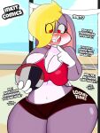  &lt;3 &lt;3_eyes 2019 anthro beach big_breasts binky_bunny blonde_hair blush bottomwear breasts cleavage clothed clothing curvy_figure dialogue digital_media_(artwork) english_text female fingers fur gloves hair handwear hi_res hotpants hourglass_figure huge_breasts inkit89 lagomorph lavender_body lavender_fur leporid looking_at_viewer mammal multicolored_body multicolored_fur net rabbit sea seaside shirt shorts simple_background smile solo sport talking_to_viewer tank_top teeth text thick_thighs tiny_toon_adventures tongue topwear volleyball voluptuous warner_brothers water white_body white_fur wide_hips 