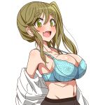  1girl :d bangs black_legwear blue_bra blush bra breasts brown_hair cleavage clothes_pull commentary eyebrows_visible_through_hair fang green_eyes highres inuyama_aoi large_breasts long_hair looking_at_viewer navel off_shoulder open_mouth pantyhose sekai_saisoku_no_panda shirt_pull side_ponytail sidelocks simple_background skin_fang smile solo swept_bangs thick_eyebrows underwear undressing upper_body white_background yurucamp 