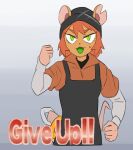  anthro clothing female fist_pump flowerimh fondue_(flowerimh) green_eyes green_mouth hair mammal meme mouse murid murine notched_ear overalls reaction_image rodent short_hair solo 
