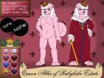  abbie absurd_res anthro blue_eyes breasts canid canine canis clothed clothing crown curled curled_tail darknetic domestic_dog duo english_text female fluffy fur gem hair hi_res jewellry mammal model_sheet pink_body pink_fur queen rod royal_doggo royalty standing text white_hair 