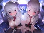  2girls blush breasts cat_smile cum fang gray_hair kaede_(sayappa) long_hair nipples no_bra open_shirt original panties purple_eyes school_uniform short_hair skirt skirt_lift thighhighs underwear 