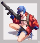  1girl absurdres autobot backpack bag baseball_cap blue_eyes blue_gloves blue_hair blue_headwear border bright_pupils denim denim_shorts genderswap genderswap_(mtf) gloves grey_background grey_border gun hat highres holding holding_gun holding_weapon insignia jacket kankitsurui_(house_of_citrus) mask mouth_mask open_hand optimus_prime outside_border personification red_jacket shadow short_hair short_shorts shorts solo surgical_mask transformers weapon white_mask white_pupils 