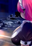  1girl aizono_manami breasts car facing_away fumihiko_(fu_mihi_ko) ground_vehicle highres large_breasts long_hair maid maid_headdress motor_vehicle night nijisanji outdoors parking_lot pink_hair puffy_sleeves solo upper_body virtual_youtuber 