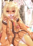  2021 ahoge anthro blonde_hair blush breasts brown_body brown_fur brown_nose canid canine cherry_blossom clothed clothing cute_fangs day dipstick_ears female fox fur glistening glistening_hair hair happy hi_res horokusa0519 inner_ear_fluff kemono light long_hair looking_at_viewer mammal multicolored_ears open_mouth open_smile outside plant pupils sitting slit_pupils smile solo tongue tree tuft white_body white_fur yellow_body yellow_eyes yellow_fur yellow_tail 