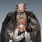  2boys animal_ears arknights bison_(arknights) black_gloves brown_hair coat_over_head cow_ears cow_horns earrings forehead gloves grin hair_ornament hood hooded_jacket horns jacket jewelry male_focus multiple_boys necktie one_eye_closed ryuuzaki_ichi smile suspenders white_gloves 