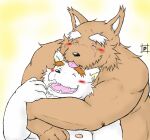  2010 anthro black_nose blush brown_body brown_fur canid canine duo fur hug hugging_from_behind kemono male male/male mammal overweight overweight_male pochizizi scar simple_background tongue tongue_out white_body white_fur 