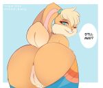  anthro anus blonde_hair blue_background blue_eyes border bottomwear_down butt butt_focus dialogue digital_media_(artwork) english_text female genitals grin hair hi_res lagomorph leporid lola_bunny looking_at_viewer looney_tunes mammal one_eye_closed presenting presenting_anus presenting_hindquarters presenting_pussy pussy rabbit raised_tail shaded signature simple_background smile solo speech_bubble text vesperinox warner_brothers white_border wink 