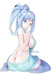  1girl aqua_sweater ass blue_eyes blue_hair boku_no_hero_academia breasts bright_pupils finger_to_mouth from_behind full_body hadou_nejire high_ponytail hot_vr large_breasts long_hair looking_back meme_attire no_bra simple_background sitting solo thighhighs virgin_killer_sweater wariza white_background white_pupils 