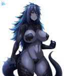  1girl absurdres blue_hair breasts clenched_teeth colored_skin godzilla godzilla_(series) grey_skin highres jmg large_breasts long_hair looking_at_viewer monster_girl navel personification scales sharp_teeth simple_background solo tail teeth thighs white_background yellow_eyes 