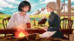  2girls 3others animal apron black_hair blonde_hair blue_eyes chair child closed_eyes cloud cloudy_sky collarbone cup day dog fire firewood flame grass highres holding holding_cup howl_(howl_no_ugoku_shiro) howl_no_ugoku_shiro long_sleeves looking_at_another mountain mountainous_horizon multiple_girls multiple_others naluse_flow older open_mouth outdoors plain pool rocking_chair shirt short_hair sitting sky smile sophie_(howl_no_ugoku_shiro) symbol_commentary table waist_apron water waving white_shirt witch_of_the_waste wood 