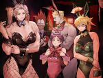  2boys 3girls absurdres animal_ears black_hair black_leotard blonde_hair bow bowtie breasts bunny_ears cleavage cowboy_shot dorohedoro ebisu_(dorohedoro) en_(dorohedoro) fake_animal_ears fishnet_legwear fishnets formal grey_hair highleg highleg_leotard highres huge_filesize kikurage_(dorohedoro) leotard looking_at_viewer multiple_boys multiple_girls muscular muscular_female muscular_male nikaidou_(dorohedoro) noi_(dorohedoro) pantyhose park_ongjol parted_lips playboy_bunny profile purple_eyes red_eyes red_hair shin_(dorohedoro) smile suit twintails wrist_cuffs 