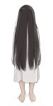  1girl barefoot black_hair commentary dress facing_viewer flat_chest full_body hair_over_eyes hair_over_face highres long_hair luimiart solo symbol_commentary the_ring very_long_hair white_background white_dress yamamura_sadako 