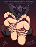  2021 5_toes anthro black_body black_fur claws countershade_feet countershading dialogue feet feet_up felid female foot_focus fur hands_behind_head hi_res humanoid_feet mammal mask ms._rene&eacute;_l&#039;noire pantherine sitting smile solo thebigmansini toe_claws toes wrinkled_feet 