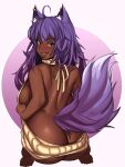  1girl absurdres animal_ears arched_back ass blush breasts butt_crack commentary commission dark_skin from_behind grin highres kevbot large_breasts lips looking_at_viewer looking_back original purple_eyes purple_hair ribbed_sweater sideboob smile solo sweater tail wolf_ears wolf_tail 