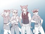  2020 anthro bashful beastars belt bottomwear canid canine canis clothed clothing crossed_arms digital_media_(artwork) disney dress_shirt elbowing eye_contact fox fox_mccloud fur gloves group hand_on_hip hand_on_own_hip handwear hat headgear headwear heresy_(artist) jacket legoshi_(beastars) looking_at_another male mammal monochrome necktie nintendo pants pattern_bottomwear pattern_clothing pattern_pants procyonid raccoon robin_hood robin_hood_(disney) school_uniform shirt signature sketch sly_cooper sly_cooper_(series) smile smirk sony_corporation sony_interactive_entertainment standing star_fox striped_bottomwear striped_clothing striped_pants stripes sucker_punch_productions topwear tunic uniform vest video_games wolf 