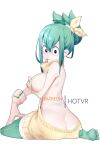  1girl ass asui_tsuyu back black_eyes boku_no_hero_academia bow closed_mouth from_behind full_body gloves green_hair green_legwear hair_bow hot_vr looking_at_viewer looking_back meme_attire no_bra no_panties orange_gloves sidelocks simple_background solo sweater thighhighs tied_hair tongue tongue_out virgin_killer_sweater white_background yellow_sweater 