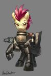  2021 2:3 absurd_res amber_eyes ambiguous_gender armor clothed clothed_feral clothing english_text equid equine fallout_equestria fan_character feral fur grey_background hasbro hi_res hooves horse jedayskayvoker looking_at_viewer machine mammal mane my_little_pony pony portrait power_armor purple_mane quadruped raised_hoof signature simple_background solo tan_body tan_fur text 