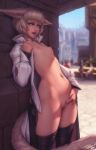  1girl 5others alternate_breast_size animal_ears bangs blurry blurry_background boots cat_ears cat_tail city day exhibitionism facial_mark final_fantasy final_fantasy_xiv fingering flat_chest highres long_sleeves masturbation multiple_others navel navel_piercing nipple_piercing nipples no_panties open_clothes open_mouth personal_ami piercing public_masturbation pussy_juice short_hair silver_eyes silver_hair solo_focus tail thigh_boots thighhighs whisker_markings y&#039;shtola_rhul 