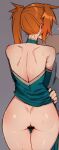  1girl aqua_dress ass bar_censor bare_back bare_shoulders blush boku_no_hero_academia censored china_dress chinese_clothes dress dress_lift ear_blush from_behind grey_background halter_dress halterneck highres kendou_itsuka lifted_by_self long_hair mr._skull no_bra no_panties orange_hair pussy side_ponytail simple_background solo sweat 